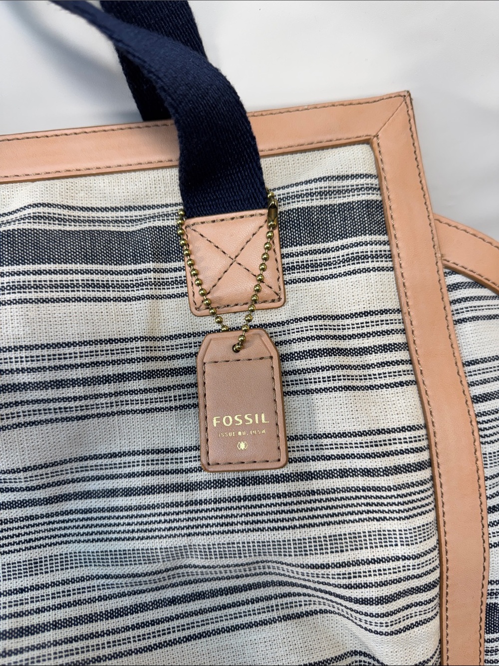 Fossil Striped Canvas Tote with Tan Trim and Navy Handles - Picture 2 of 7